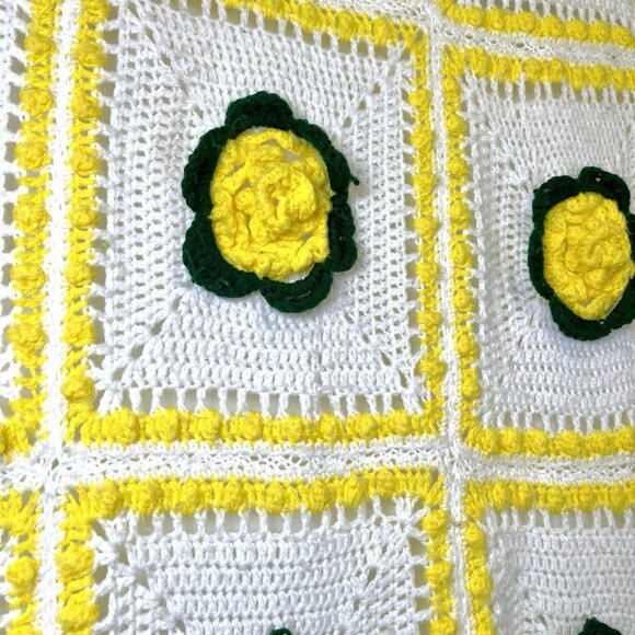 Vintage Handmade Crochet 3D Yellow Rose Granny Square Afghan Blanket 88”x63” - Picture 3 of 7